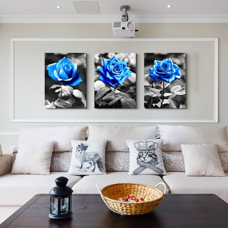 TTHYUEWS bedroom Wall Art for living room bathroom Wall Decor for kitchen family pictures artwork Black and white Blue rose flowers Canvas paintings 16" x 24" 3 Pieces framed Modern office Home decorations - Image 3